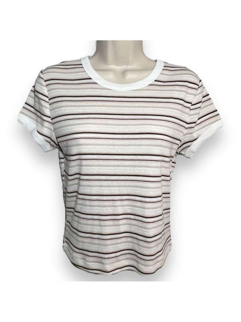 Arizona Jeans Junior’s Round Neck Short Sleeve Tee Neutral Stripe Size Medium